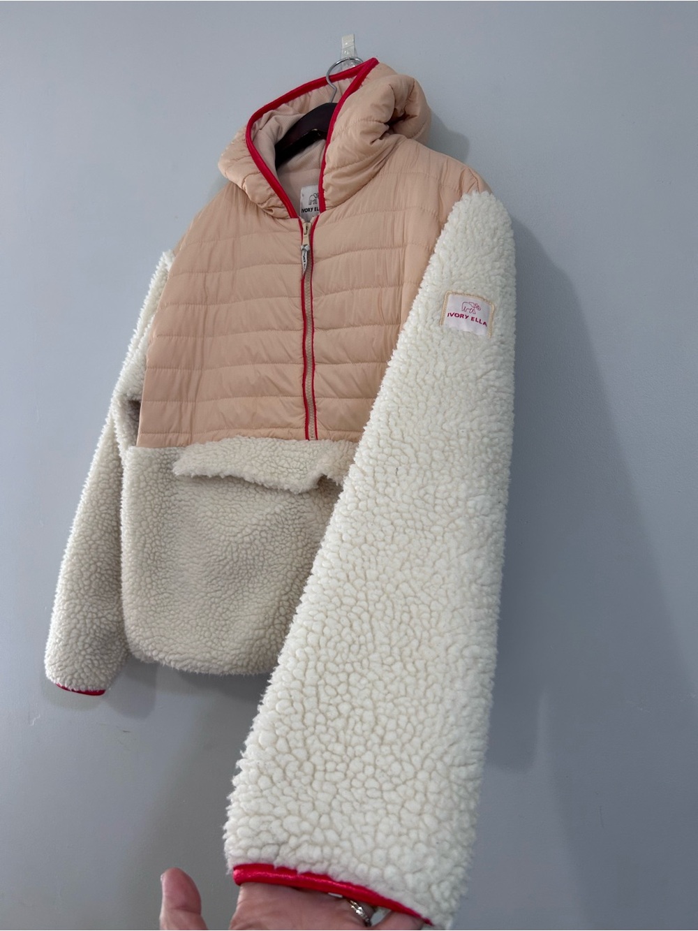 Ivory Ella Claire Mixed Media Sherpa Pullover Jacket. S - Picture 4 of 16